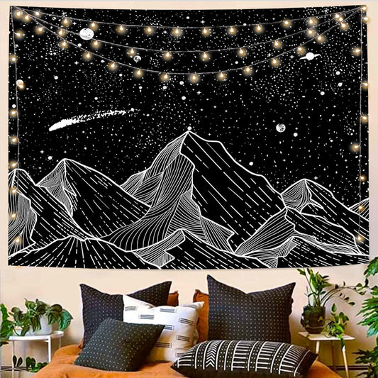 Black and White Tapestry Starry Night Mountain Tapestries for Bedroom Aesthetic Moon and Stars Tapastry'S Wall Hanging Dark Nature Forest Wall Tapestry for Living Room Dorm (Dark, 48'' × 36'')