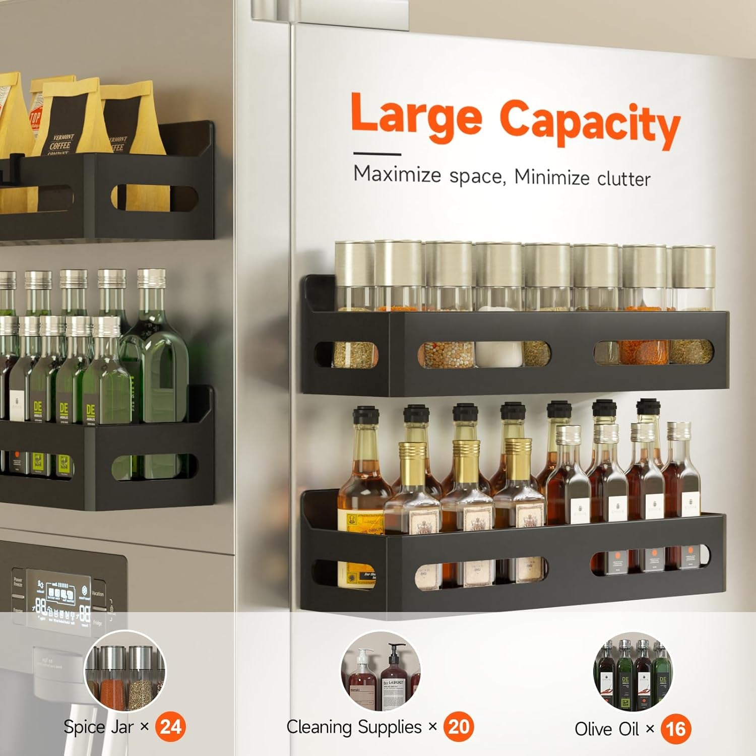 4-Pack Magnetic Spice Rack for Refrigerator with Hooks, Black | Strong Multipurpose Magnetic Shelf for Kitchen & Bathroom Organization. Includes 4 Removable Hooks for Hanging Items.