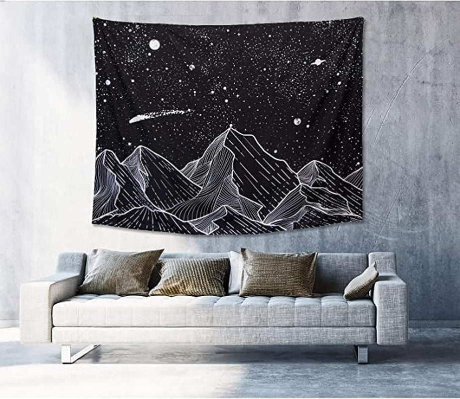 Black and White Tapestry Starry Night Mountain Tapestries for Bedroom Aesthetic Moon and Stars Tapastry'S Wall Hanging Dark Nature Forest Wall Tapestry for Living Room Dorm (Dark, 48'' × 36'')
