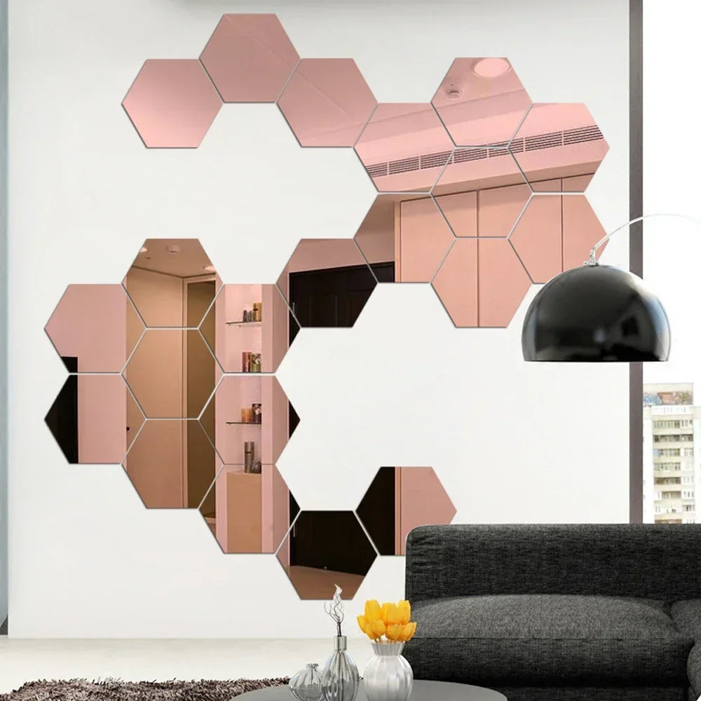 Hexagon Acrylic 3D Mirror Wall Sticker Home Decor DIY Self-Adhesive Mirror Decal Decor Stickers Art Wall Decoration Large 6/12Pc