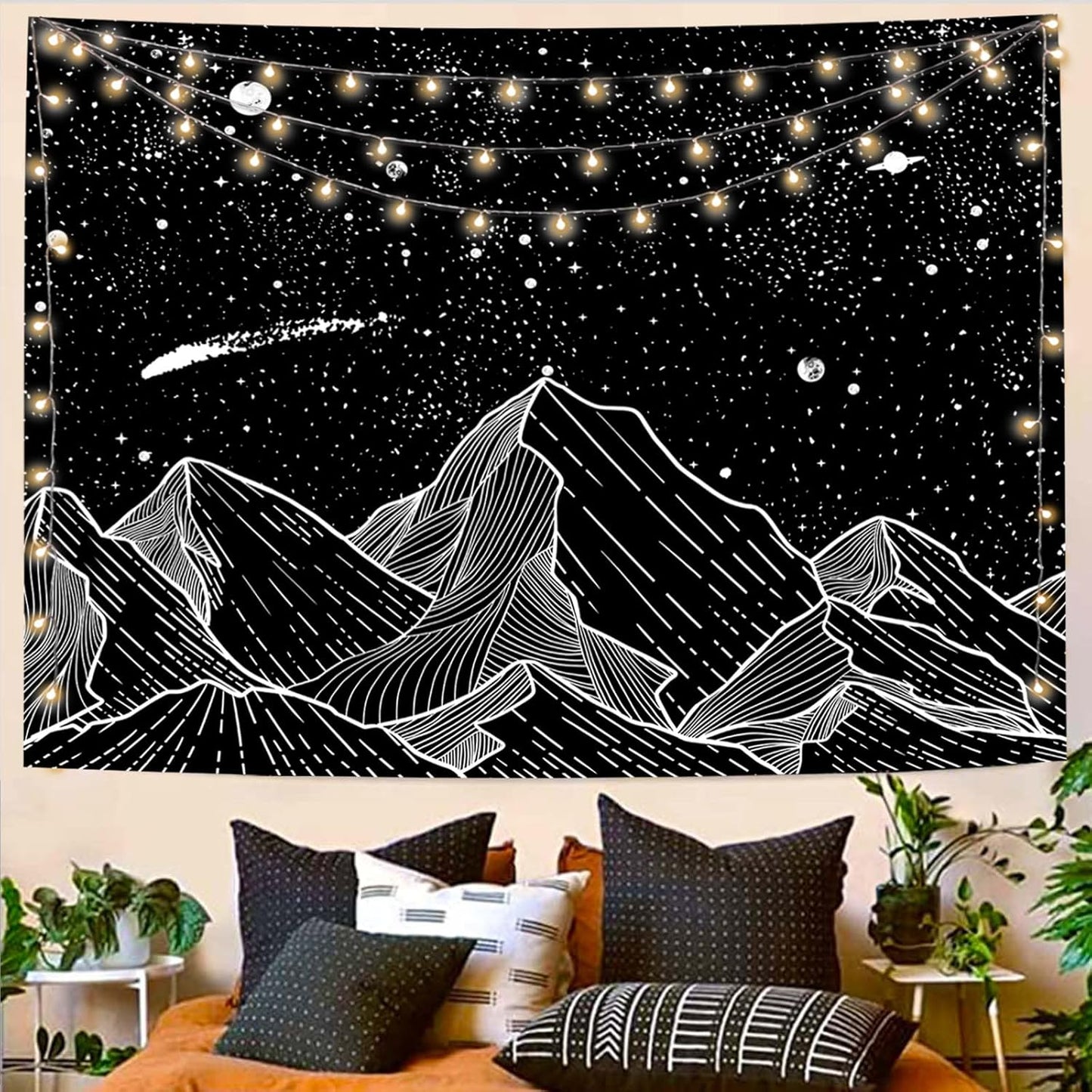 Black and White Tapestry Starry Night Mountain Tapestries for Bedroom Aesthetic Moon and Stars Tapastry'S Wall Hanging Dark Nature Forest Wall Tapestry for Living Room Dorm (Dark, 48'' × 36'')