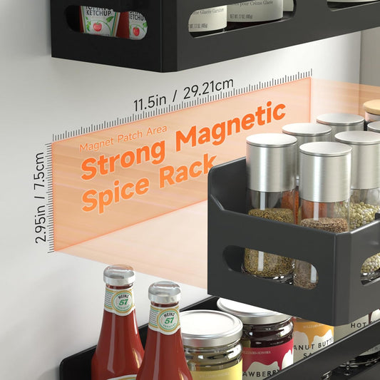 4-Pack Magnetic Spice Rack for Refrigerator with Hooks, Black | Strong Multipurpose Magnetic Shelf for Kitchen & Bathroom Organization. Includes 4 Removable Hooks for Hanging Items.