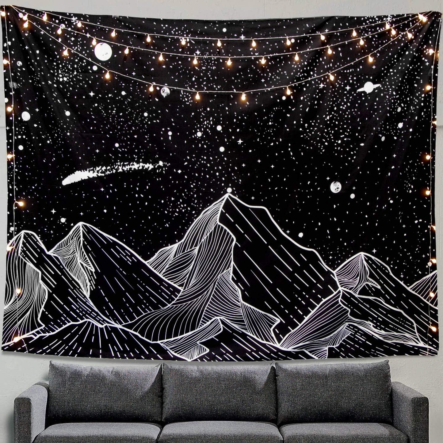 Black and White Tapestry Starry Night Mountain Tapestries for Bedroom Aesthetic Moon and Stars Tapastry'S Wall Hanging Dark Nature Forest Wall Tapestry for Living Room Dorm (Dark, 48'' × 36'')
