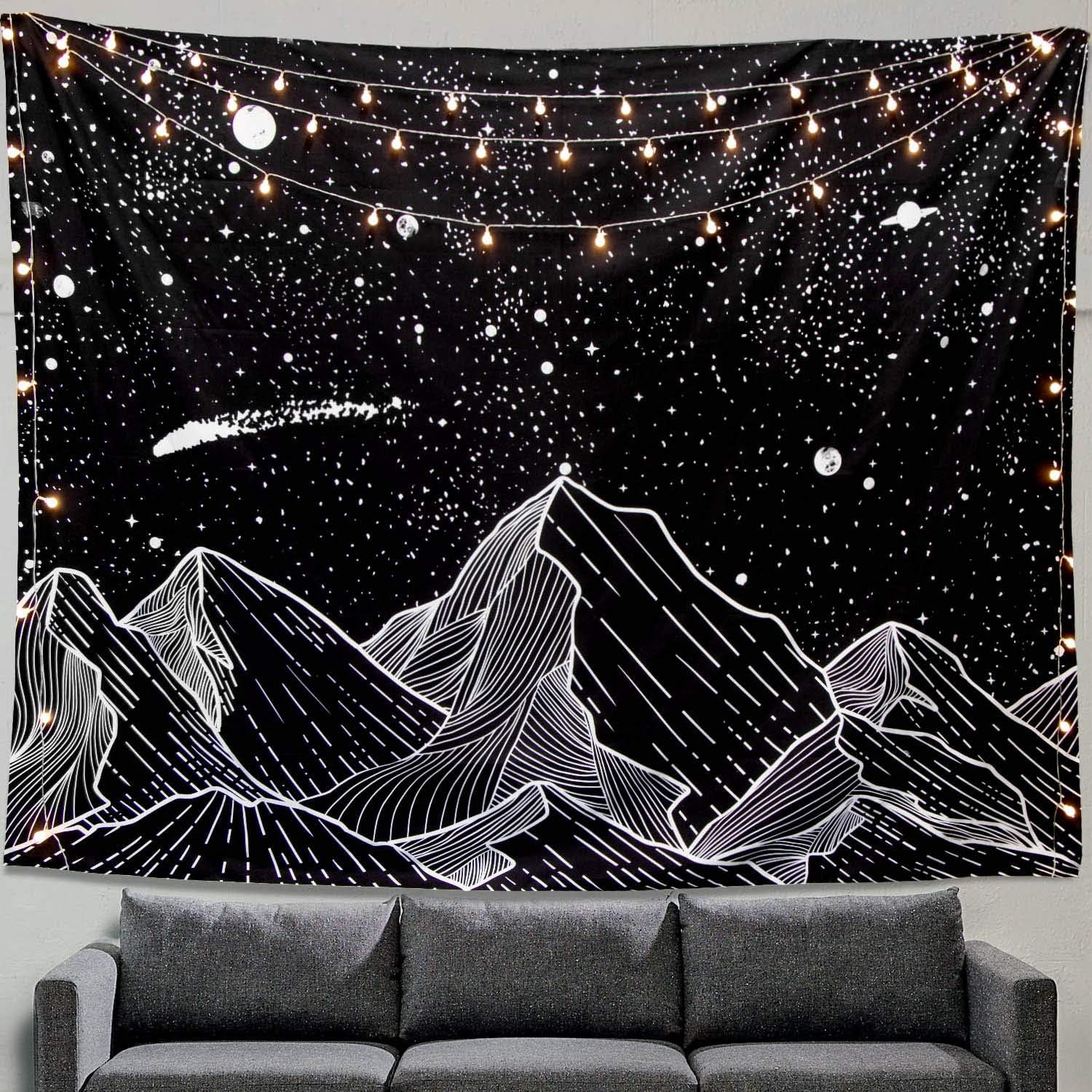 Black and White Tapestry Starry Night Mountain Tapestries for Bedroom Aesthetic Moon and Stars Tapastry'S Wall Hanging Dark Nature Forest Wall Tapestry for Living Room Dorm (Dark, 48'' × 36'')