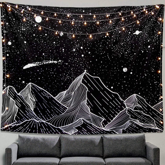 Black and White Tapestry Starry Night Mountain Tapestries for Bedroom Aesthetic Moon and Stars Tapastry'S Wall Hanging Dark Nature Forest Wall Tapestry for Living Room Dorm (Dark, 48'' × 36'')