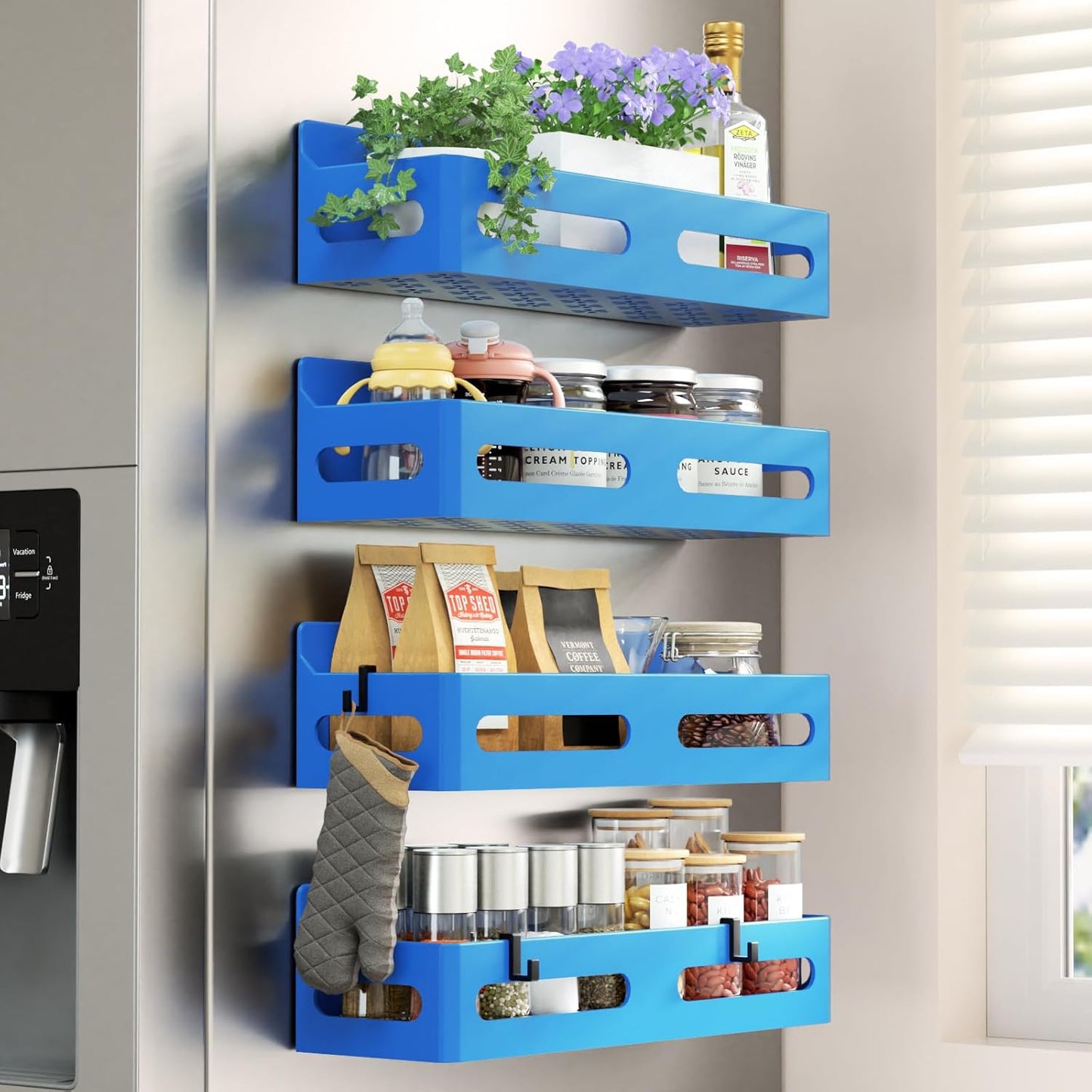 4-Pack Magnetic Spice Rack for Refrigerator with Hooks, Black | Strong Multipurpose Magnetic Shelf for Kitchen & Bathroom Organization. Includes 4 Removable Hooks for Hanging Items.