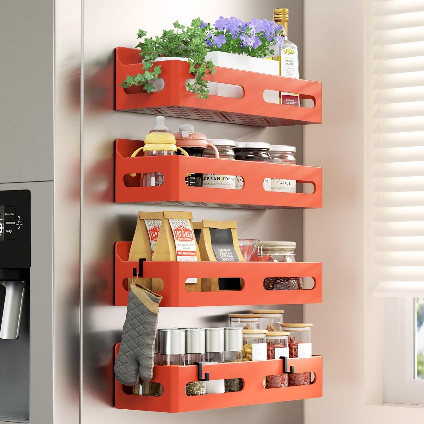 4-Pack Magnetic Spice Rack for Refrigerator with Hooks, Black | Strong Multipurpose Magnetic Shelf for Kitchen & Bathroom Organization. Includes 4 Removable Hooks for Hanging Items.