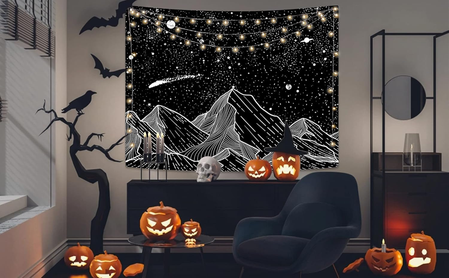 Black and White Tapestry Starry Night Mountain Tapestries for Bedroom Aesthetic Moon and Stars Tapastry'S Wall Hanging Dark Nature Forest Wall Tapestry for Living Room Dorm (Dark, 48'' × 36'')