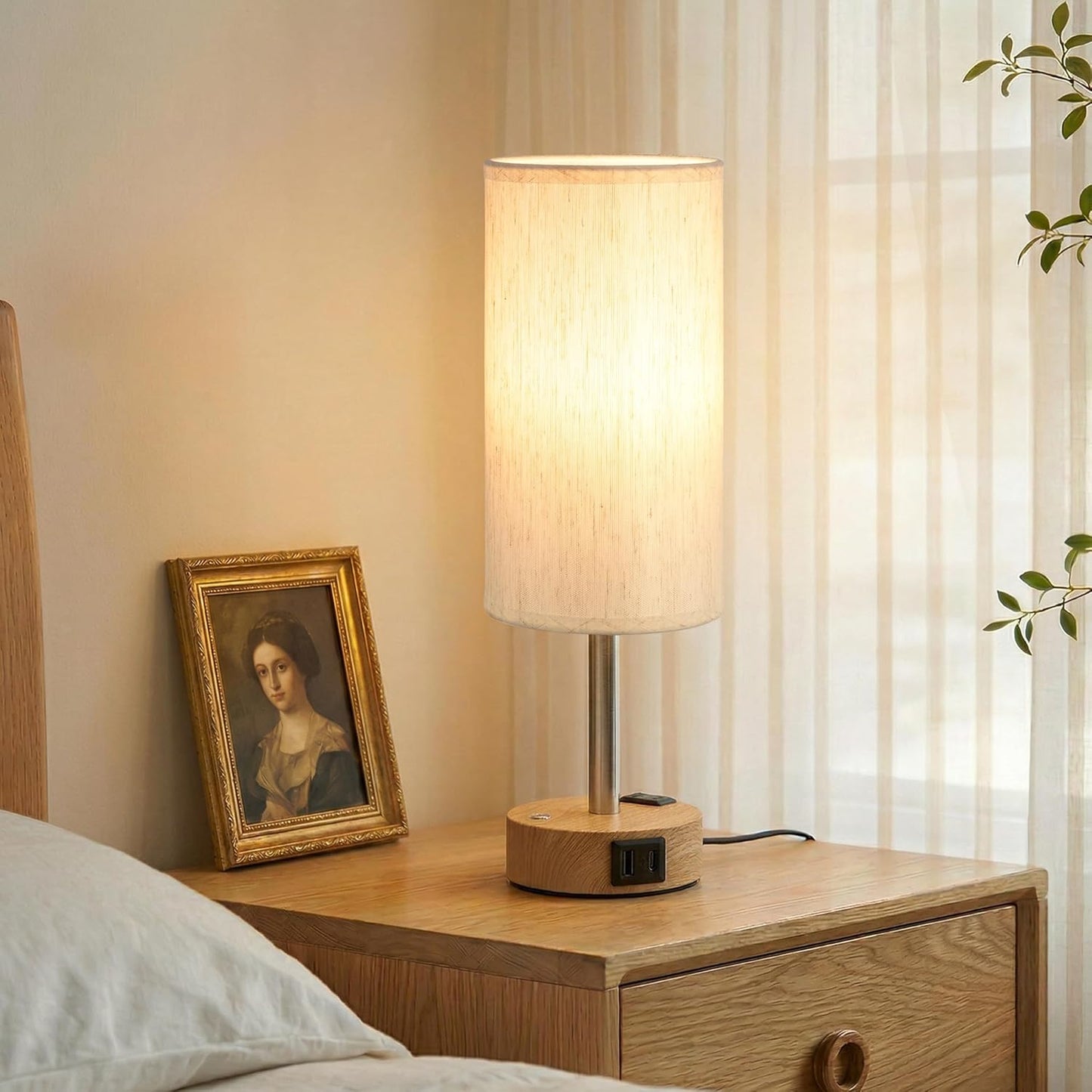 Touch Bedside Table Lamp with Memory - Stepless Dimmable Lamp for Bedroom, Small Nightstand Lamp with Dual USB Charging Ports and AC Outlet, Wood Night Light, Desk Lamp for Nursery, Living Room, Dorm