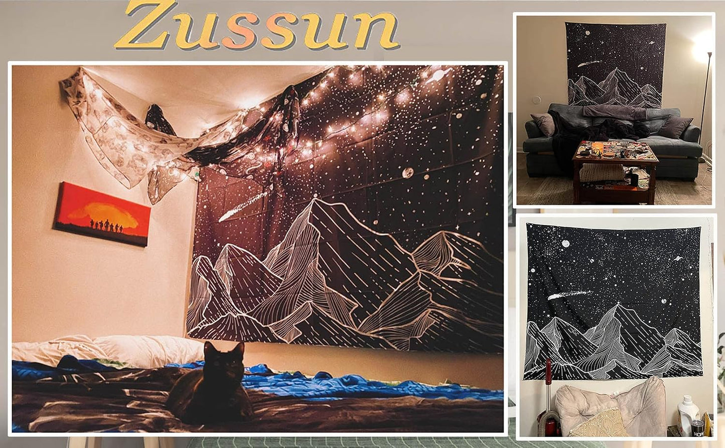 Black and White Tapestry Starry Night Mountain Tapestries for Bedroom Aesthetic Moon and Stars Tapastry'S Wall Hanging Dark Nature Forest Wall Tapestry for Living Room Dorm (Dark, 48'' × 36'')