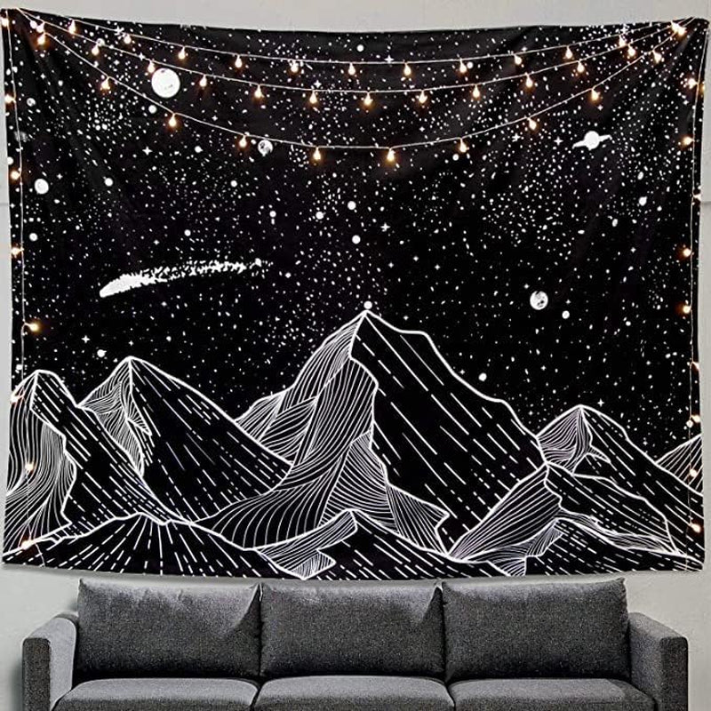 Black and White Tapestry Starry Night Mountain Tapestries for Bedroom Aesthetic Moon and Stars Tapastry'S Wall Hanging Dark Nature Forest Wall Tapestry for Living Room Dorm (Dark, 48'' × 36'')
