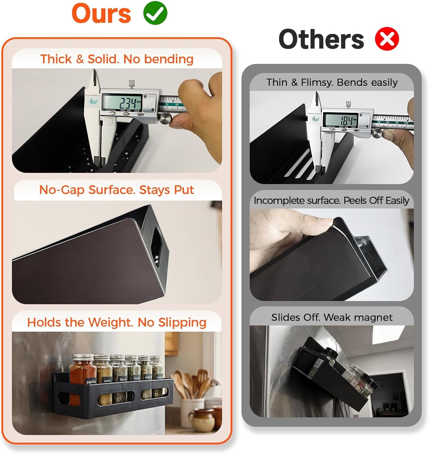 4-Pack Magnetic Spice Rack for Refrigerator with Hooks, Black | Strong Multipurpose Magnetic Shelf for Kitchen & Bathroom Organization. Includes 4 Removable Hooks for Hanging Items.